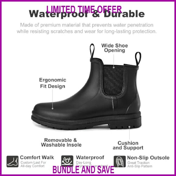 Wide Width Waterproof Chelsea Rain Boots Non-Slip Comfort Insole - Picture 3 of 8